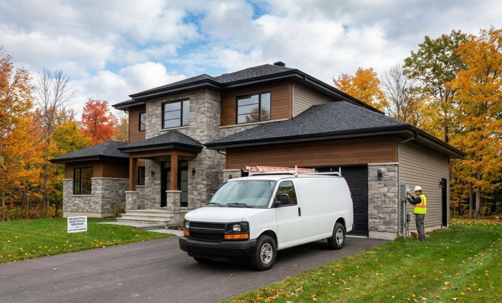 Electrician servicing a modern suburban home with a white work van in a Pennsylvania neighborhood