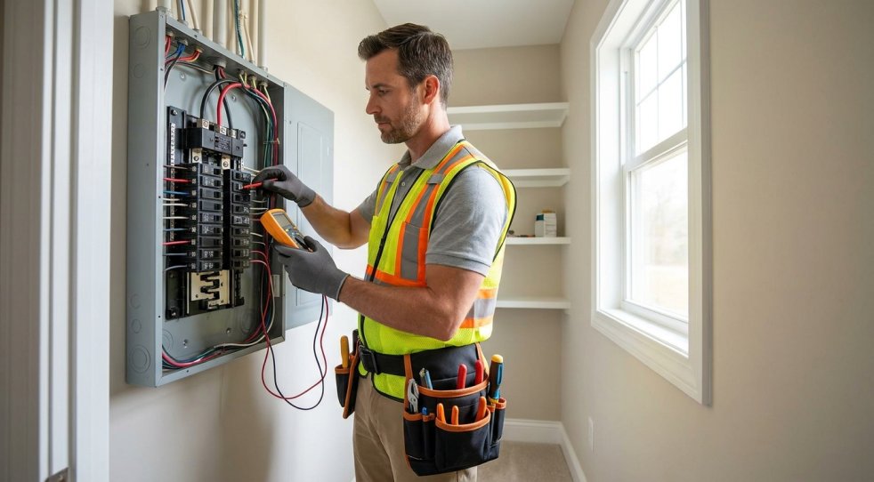 Electrician inspecting a breaker panel in a home interior with tools and safety vest