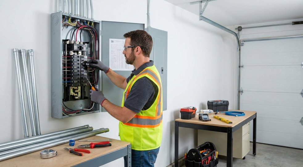 Electrician inspecting an open electrical panel in a residential garage with tools nearby