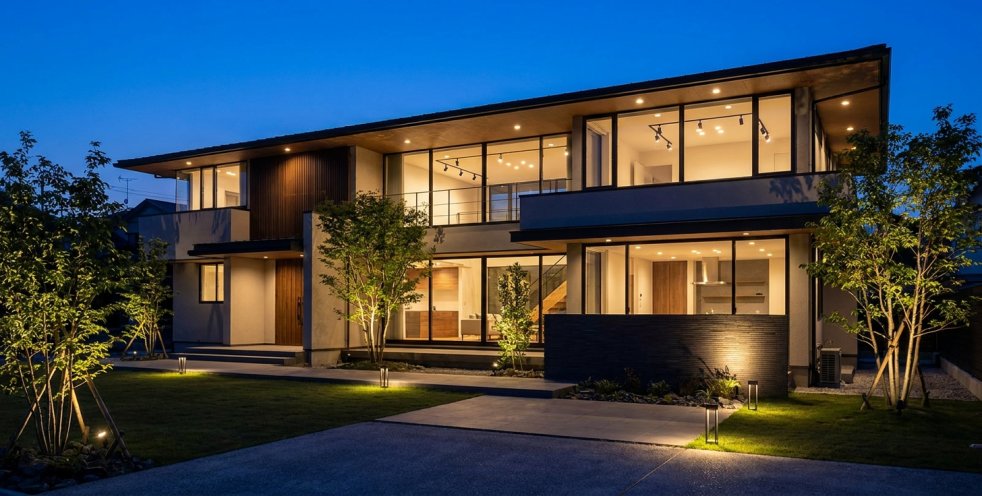 Modern two-story home exterior with warm interior and landscape lighting at dusk