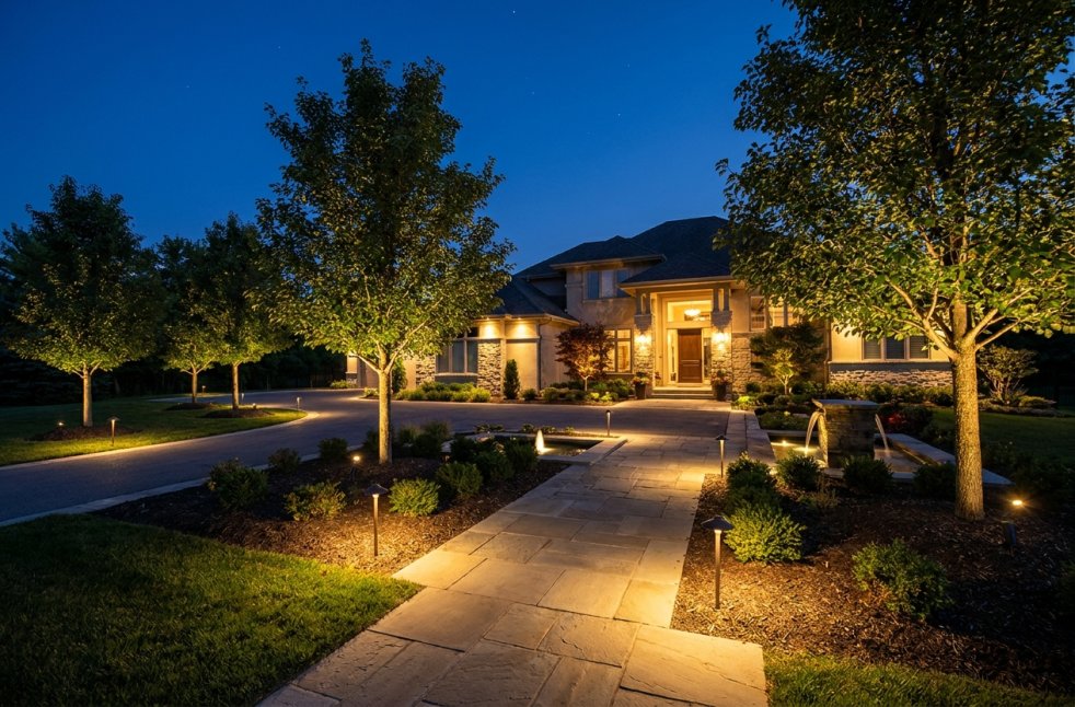 Illuminated home exterior with landscape lighting along a walkway, driveway, and trees at night