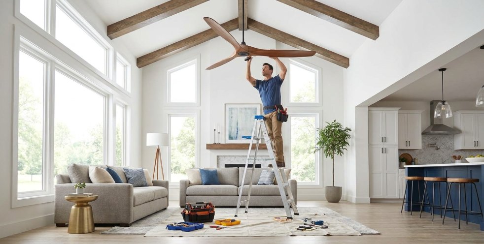 Electrician installing a ceiling fan in a bright modern living room