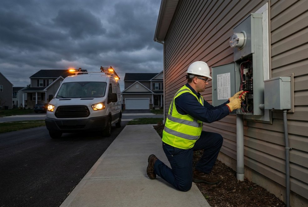 Electrician repairing a home's electrical panel at dusk with a service van nearby