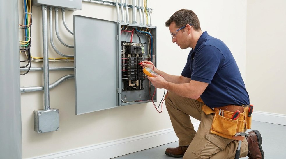 Electrician inspecting an open circuit breaker panel in a home interior